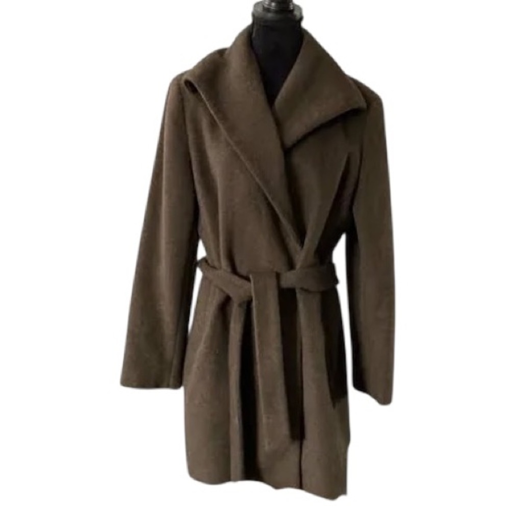 Calvin Klein Brown Wool Belted Wrap Mid Length Jacket Sz 2